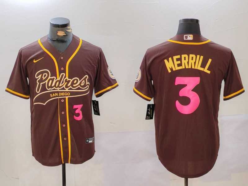 Mens San Diego Padres #3 Jackson Merrill Brown Cool Base Stitched Baseball Jersey